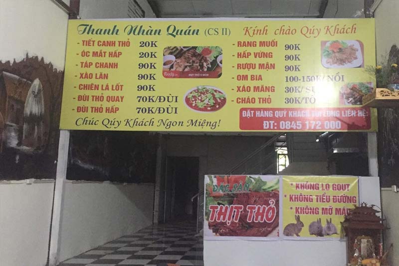 Menu of Thanh Nhan rabbit meat restaurant Haiphong