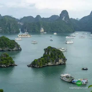 Ha Long Bay limestone islands and cruise boats seen from the elevated Titov viewpoint