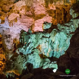 Limestone formations inside Thien Cung Cave in Ha Long Bay