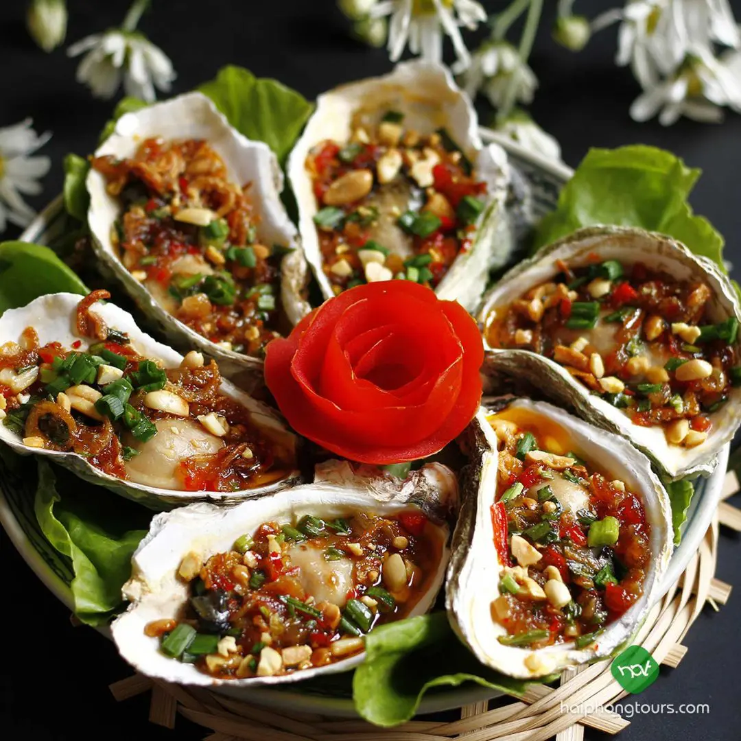 Grilled oysters with scallion oil in Halong