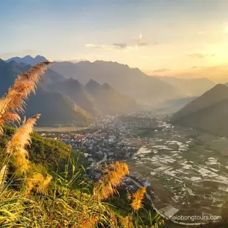 Mai Chau valley and town at sunset, seen from above